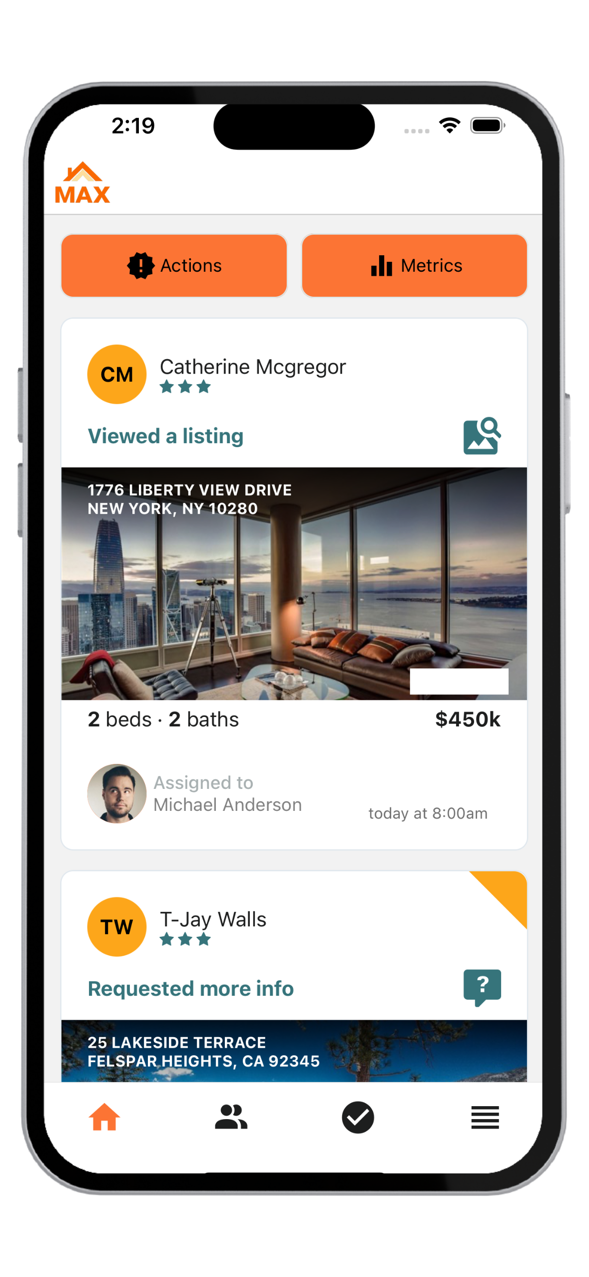 Screenshot of lead activity shown in Max For Real Estate mobile app